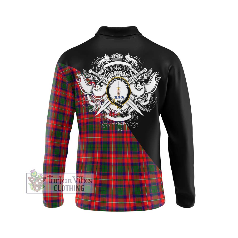 Charteris Tartan Long Sleeve Polo Shirt with Family Crest and Military Logo Style - Tartanvibesclothing Shop