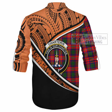 Charteris Crest Tartan Ghillie Kilt Shirt with Polynesian Vibes Style - Orange Version