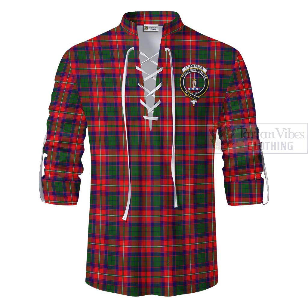 Tartan Vibes Clothing Charteris Tartan Ghillie Kilt Shirt with Family Crest and Bearded Skull Holding Bottles of Whiskey