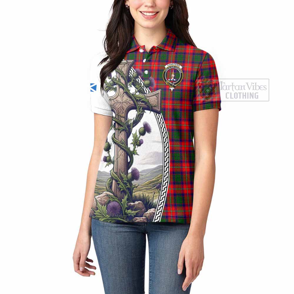 Tartan Vibes Clothing Charteris Tartan Women's Polo Shirt with Family Crest and St. Andrew's Cross Accented by Thistle Vines