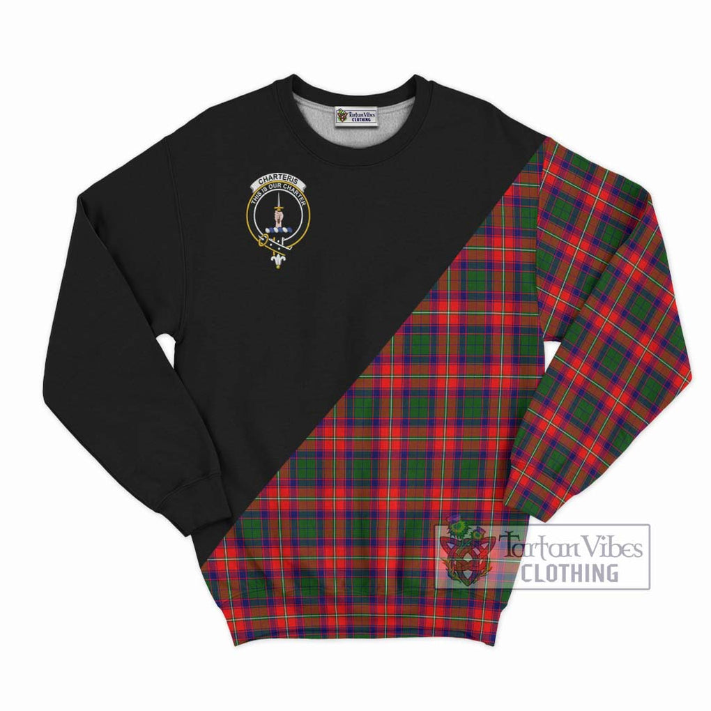 Charteris Tartan Sweatshirt with Family Crest and Military Logo Style - Tartanvibesclothing Shop