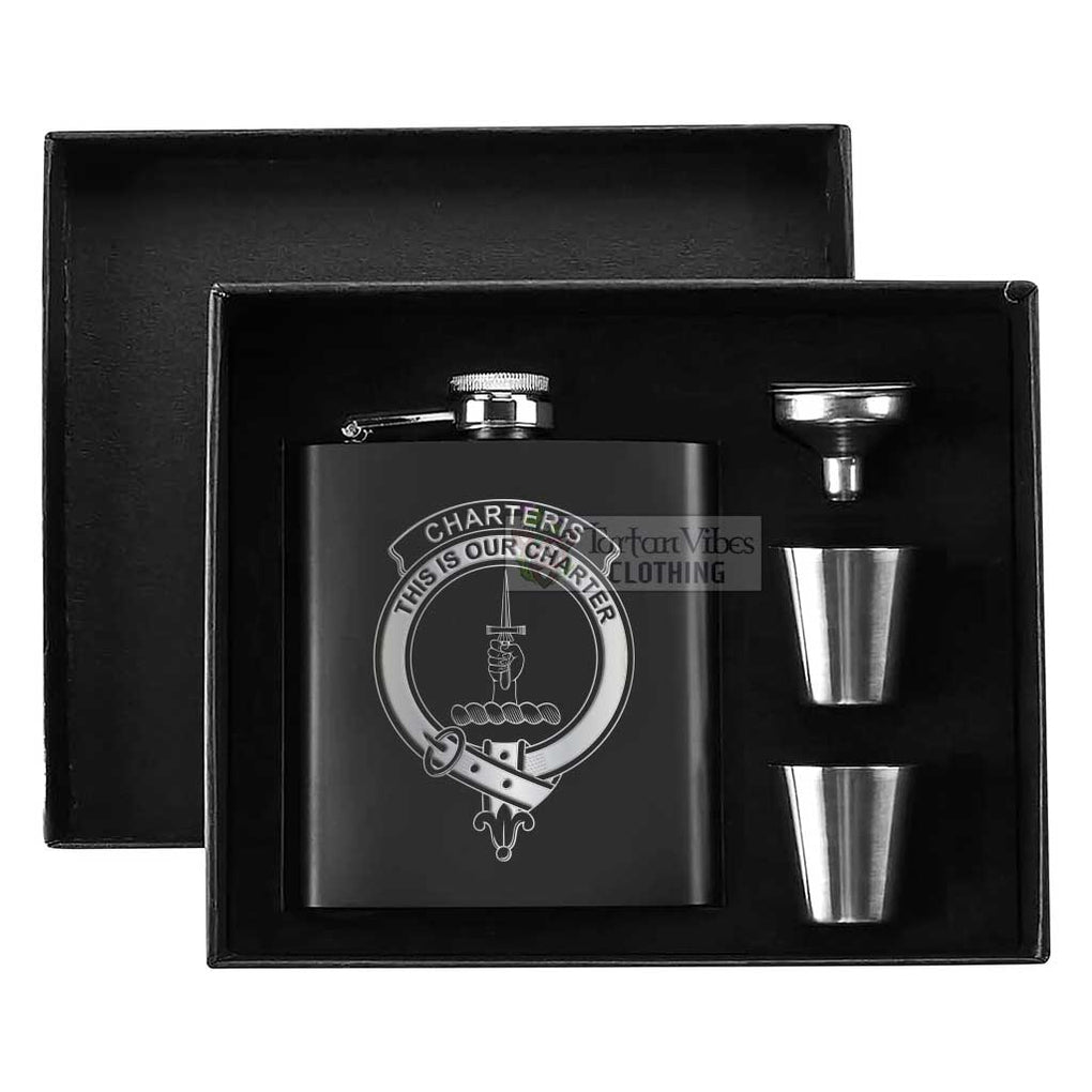 Tartan Vibes Clothing Charteris Crest Hip Flask Set 7oz Black Stainless Steel with A Gift Box