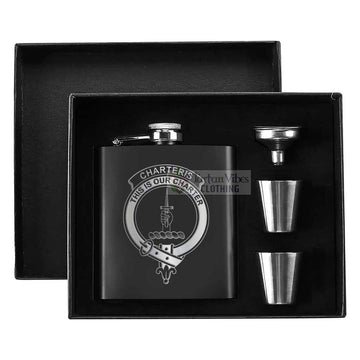 Charteris Crest Hip Flask Set 7oz Black Stainless Steel with A Gift Box