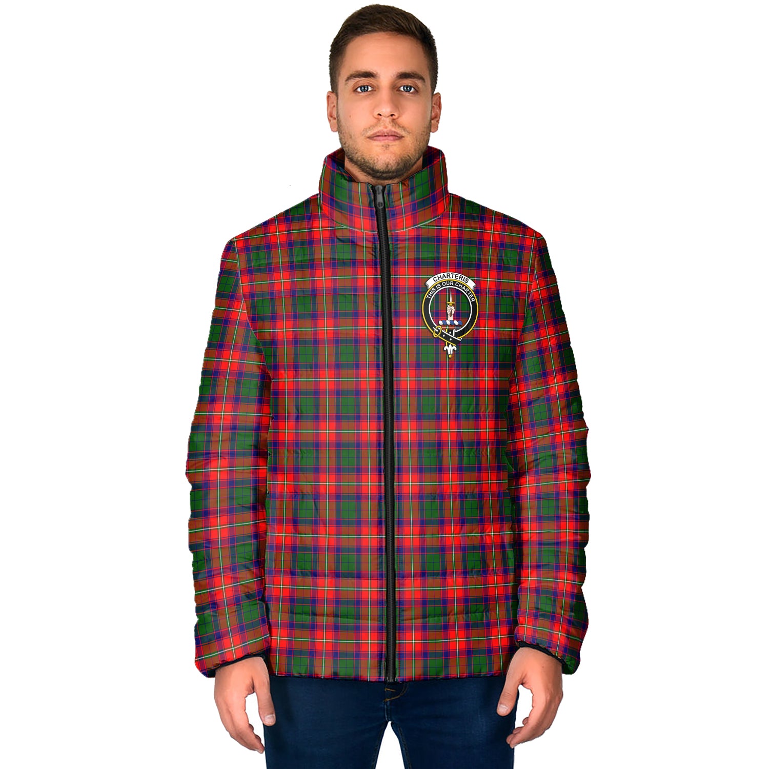 Charteris Tartan Padded Jacket with Family Crest - Tartanvibesclothing