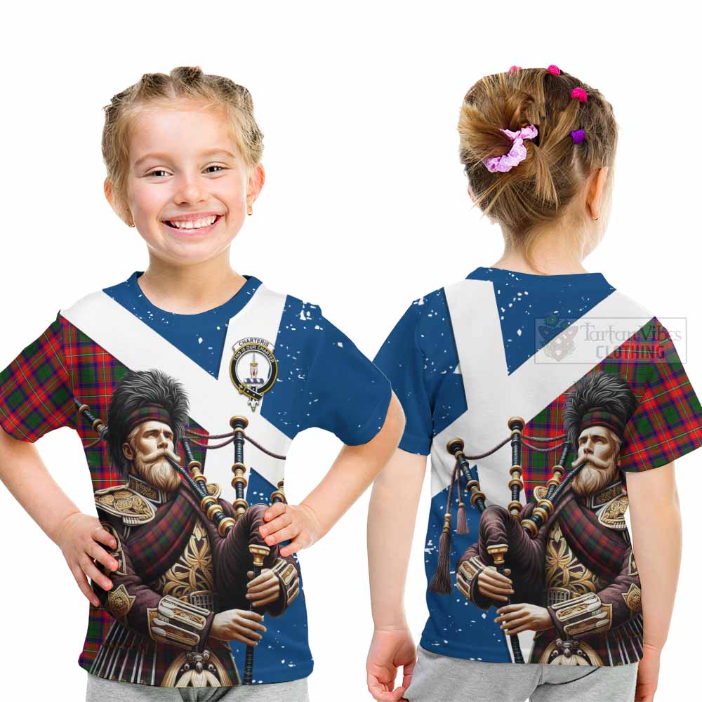 Tartan Vibes Clothing Charteris Tartan Kid T-Shirt with Family Crest Scottish Bagpiper Vibes