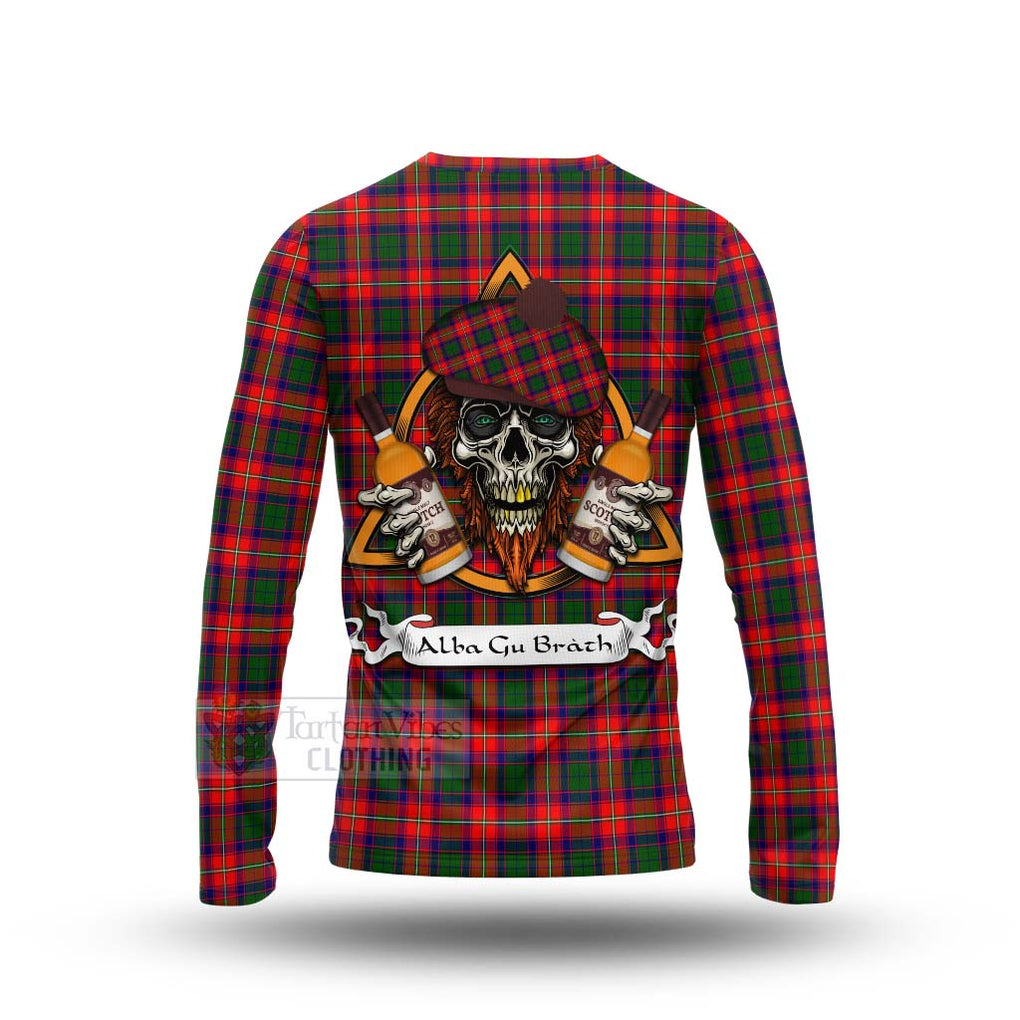 Tartan Vibes Clothing Charteris Tartan Long Sleeve T-Shirt with Family Crest and Bearded Skull Holding Bottles of Whiskey