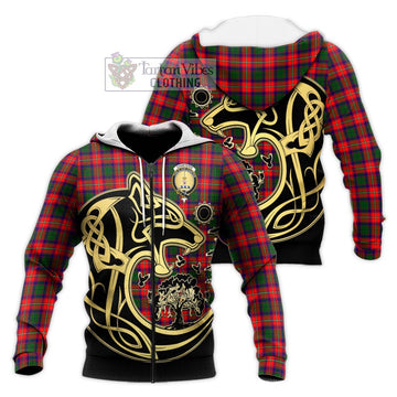 Charteris Tartan Knitted Hoodie with Family Crest Celtic Wolf Style