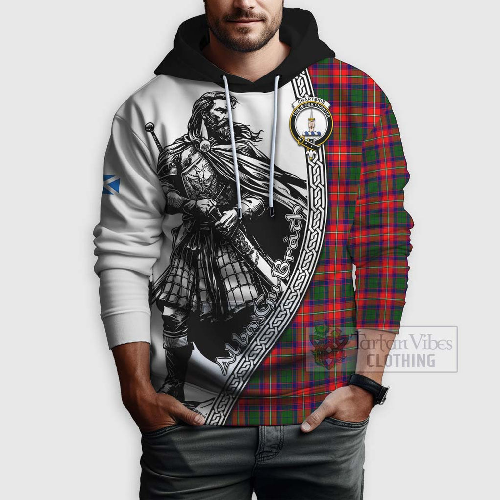 Tartan Vibes Clothing Charteris Tartan Clan Crest Hoodie with Highlander Warrior Celtic Style