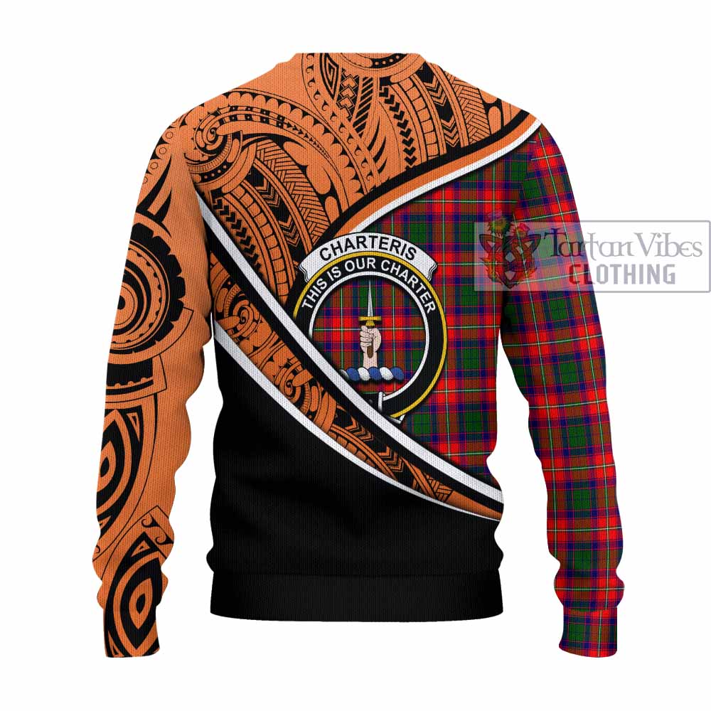 Tartan Vibes Clothing Charteris Crest Tartan Knitted Sweater with Maori Tattoo Style - Orange Version