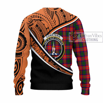 Charteris Crest Tartan Knitted Sweater with Polynesian Vibes Style - Orange Version