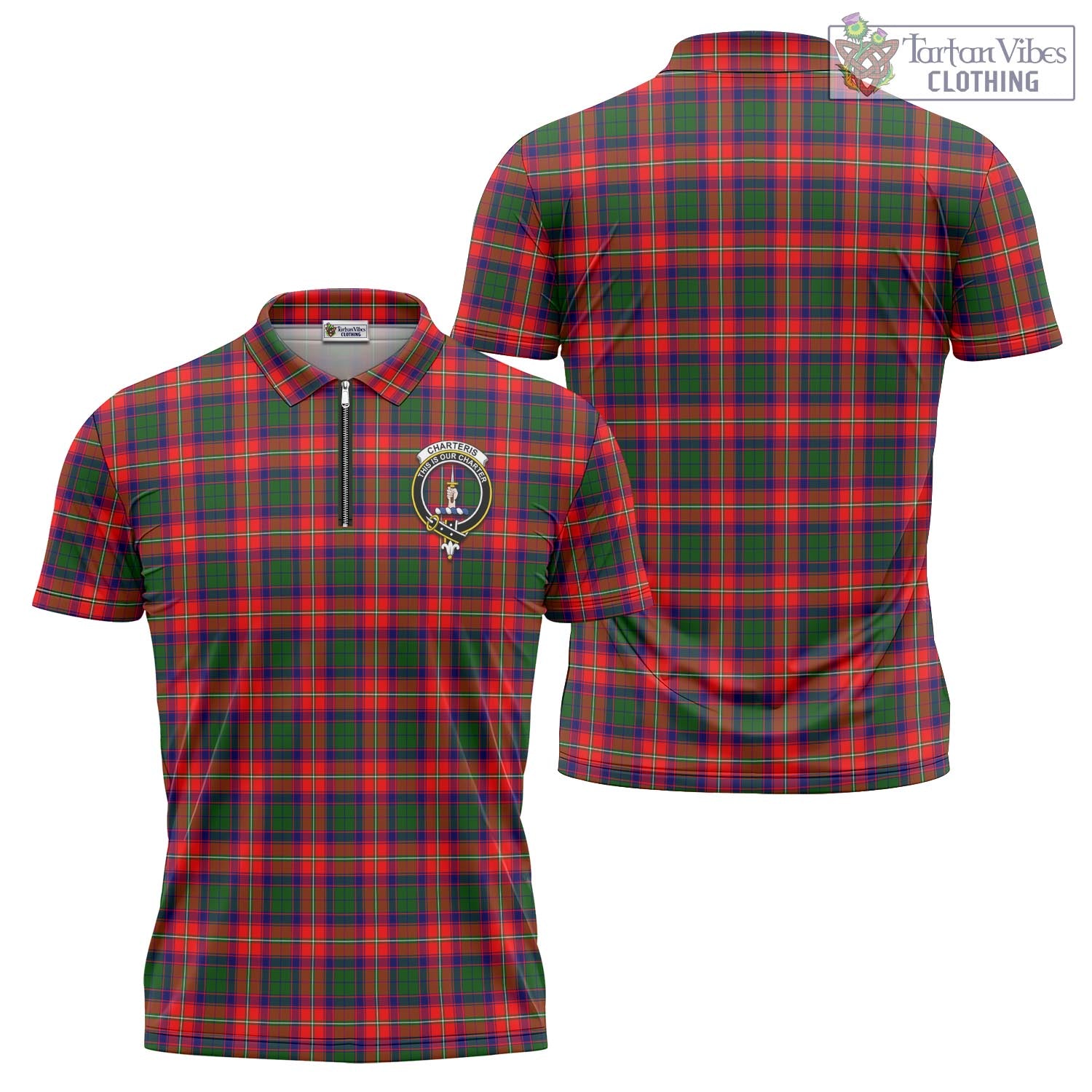 Tartan Vibes Clothing Charteris Tartan Zipper Polo Shirt with Family Crest