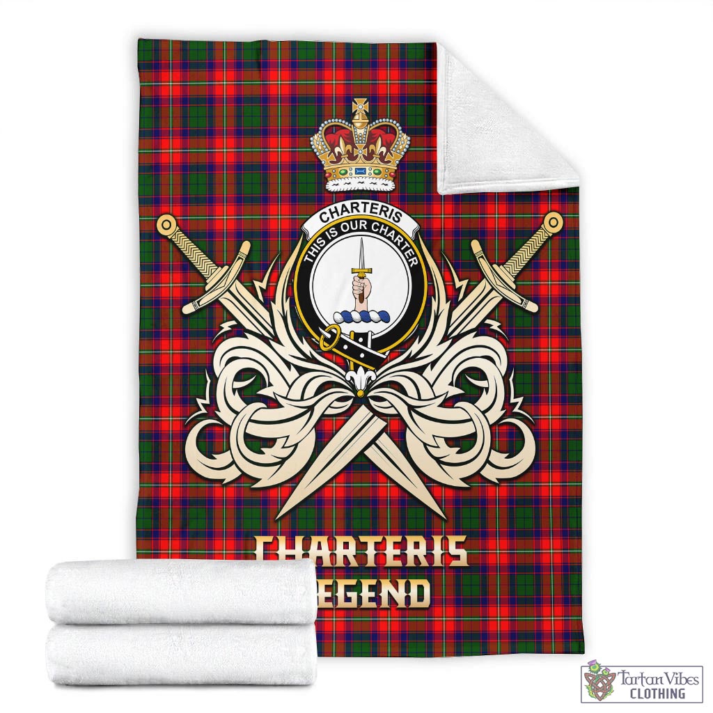 Tartan Vibes Clothing Charteris Tartan Blanket with Clan Crest and the Golden Sword of Courageous Legacy