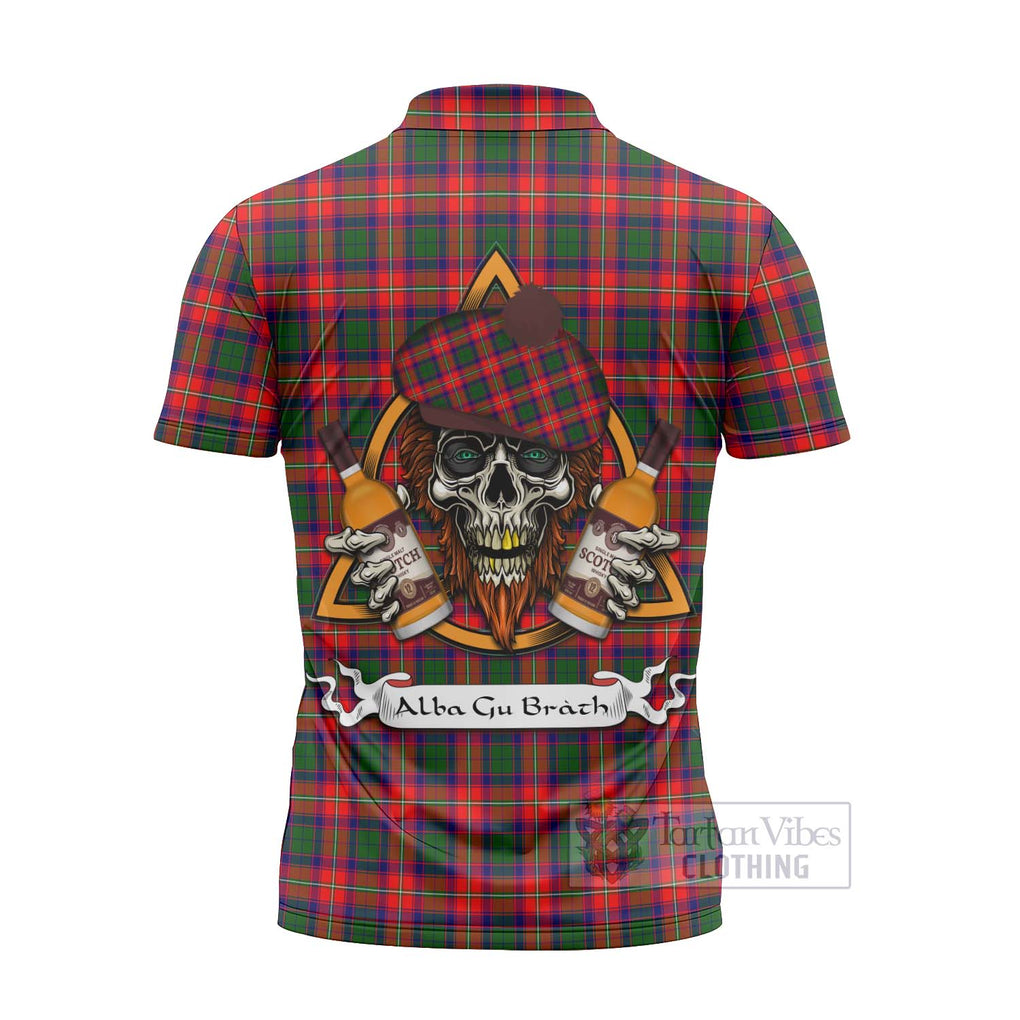 Tartan Vibes Clothing Charteris Tartan Zipper Polo Shirt with Family Crest and Bearded Skull Holding Bottles of Whiskey