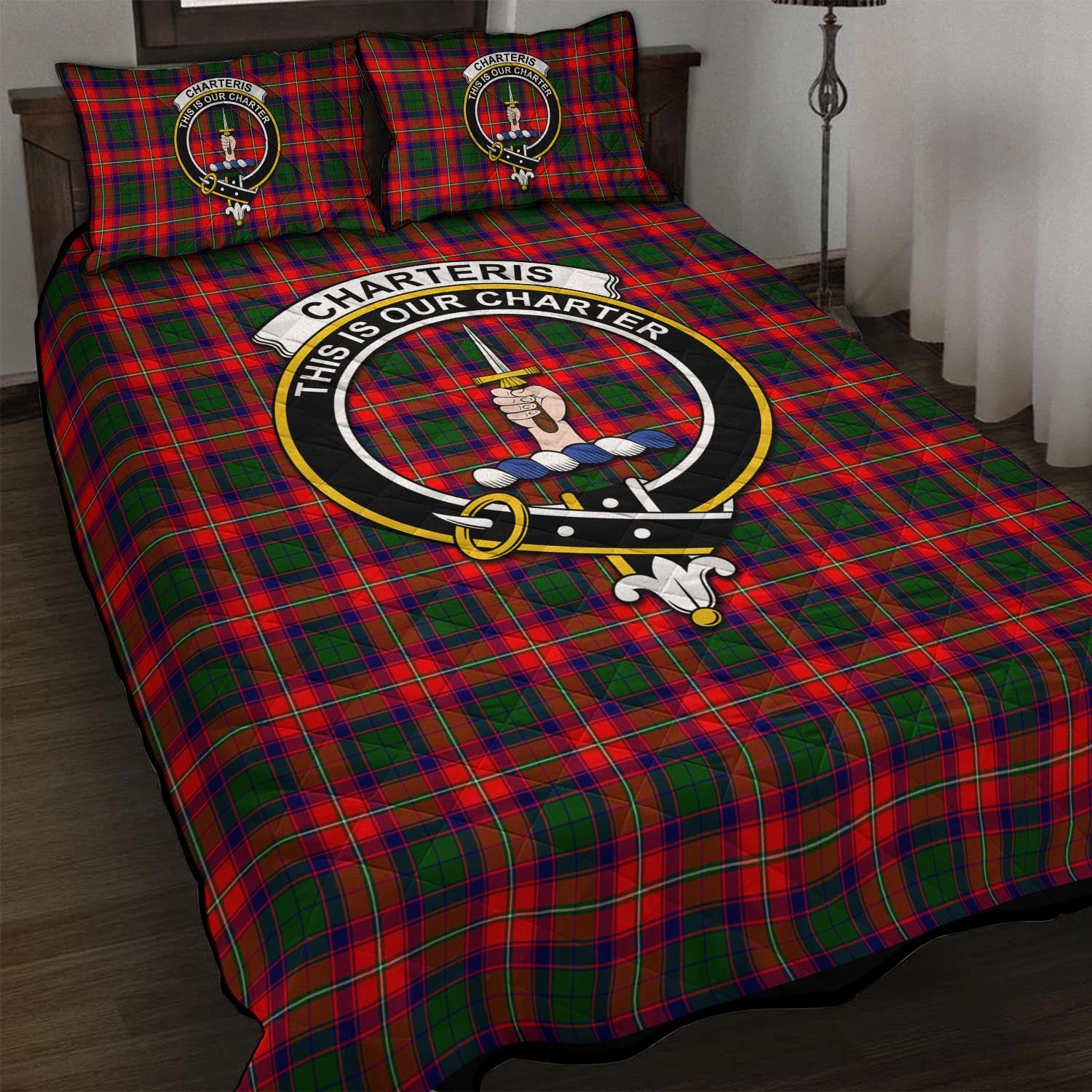 Charteris Tartan Quilt Bed Set with Family Crest - Tartanvibesclothing