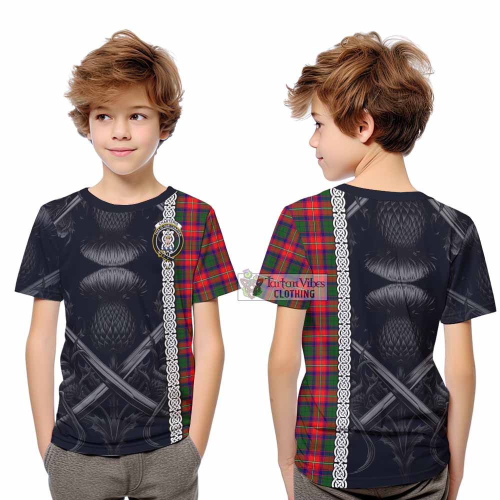 Tartan Vibes Clothing Charteris Tartan Kid T-Shirt with Family Crest Cross Sword Thistle Celtic Vibes