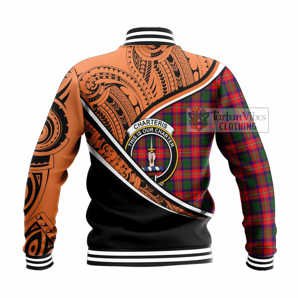 Tartan Vibes Clothing Charteris Crest Tartan Baseball Jacket with Maori Tattoo Style - Orange Version