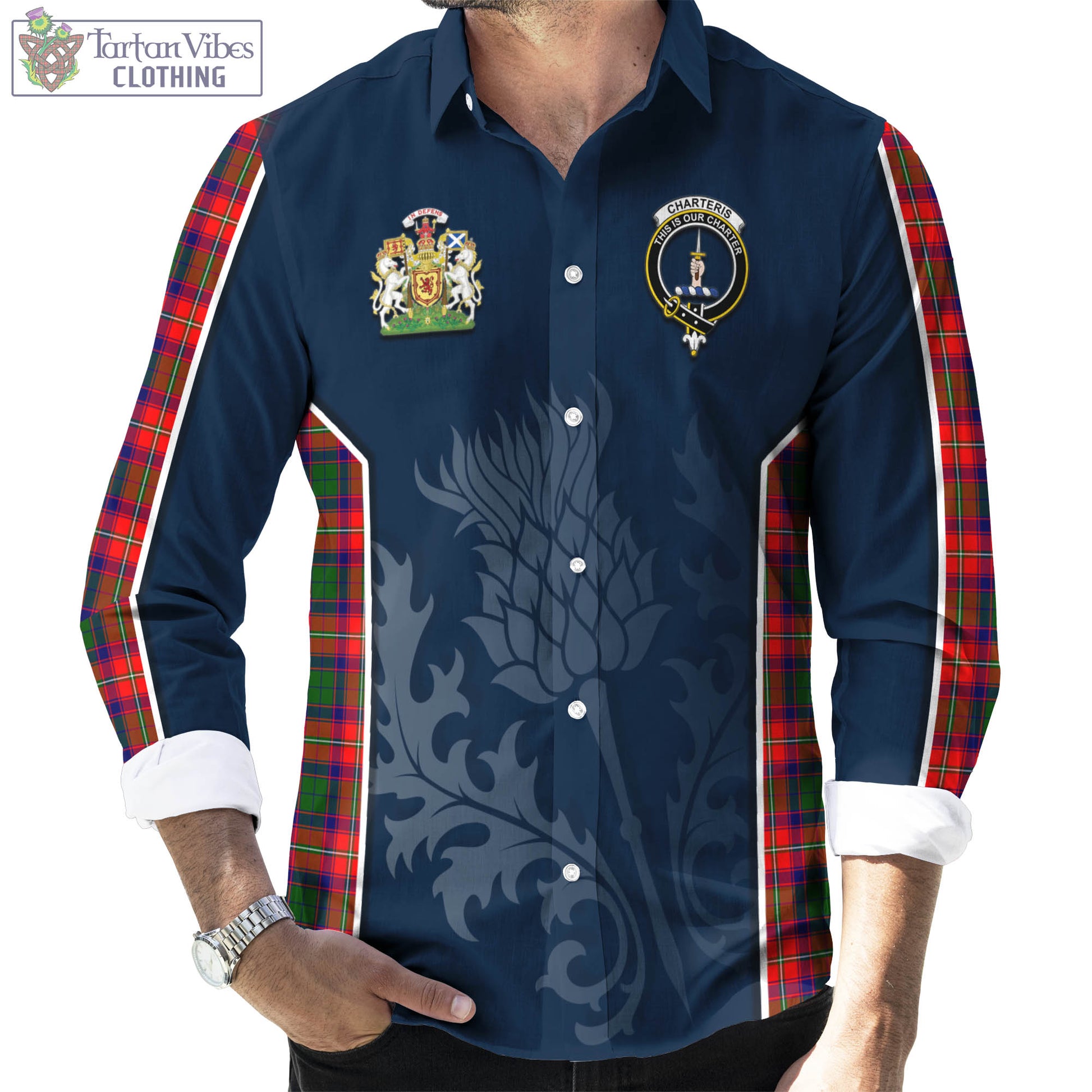 Tartan Vibes Clothing Charteris Tartan Long Sleeve Button Up Shirt with Family Crest and Scottish Thistle Vibes Sport Style