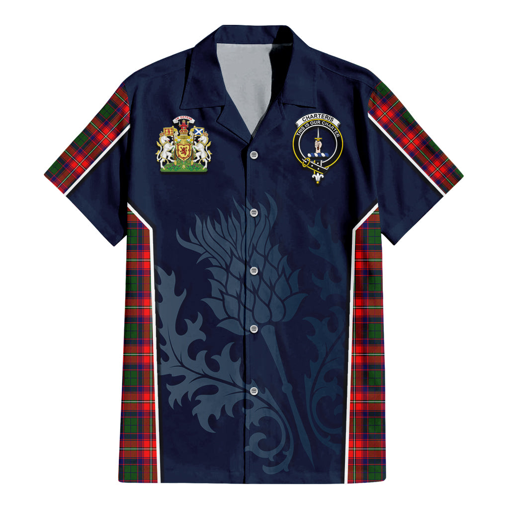 Tartan Vibes Clothing Charteris Tartan Short Sleeve Button Up Shirt with Family Crest and Scottish Thistle Vibes Sport Style
