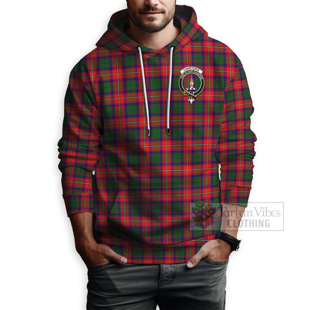 Tartan Vibes Clothing Charteris Tartan Hoodie with Family Crest Celtic Skull Style