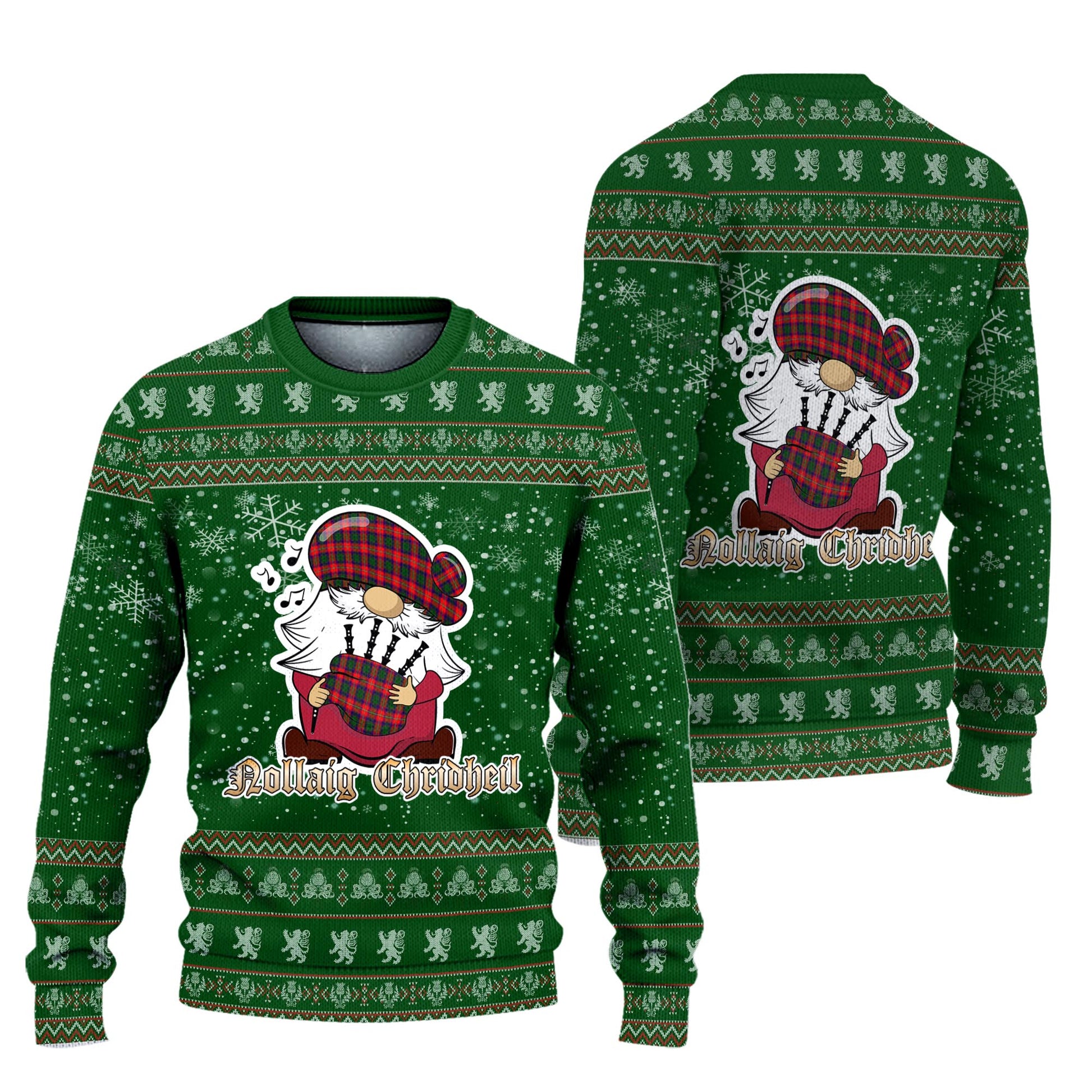 Charteris Clan Christmas Family Knitted Sweater with Funny Gnome Playing Bagpipes Unisex Green - Tartanvibesclothing