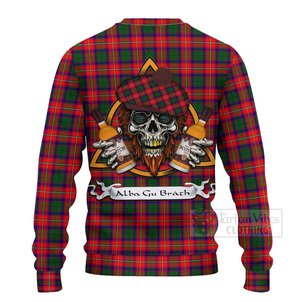 Tartan Vibes Clothing Charteris Tartan Knitted Sweater with Family Crest and Bearded Skull Holding Bottles of Whiskey