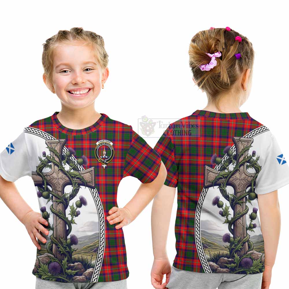 Tartan Vibes Clothing Charteris Tartan Kid T-Shirt with Family Crest and St. Andrew's Cross Accented by Thistle Vines