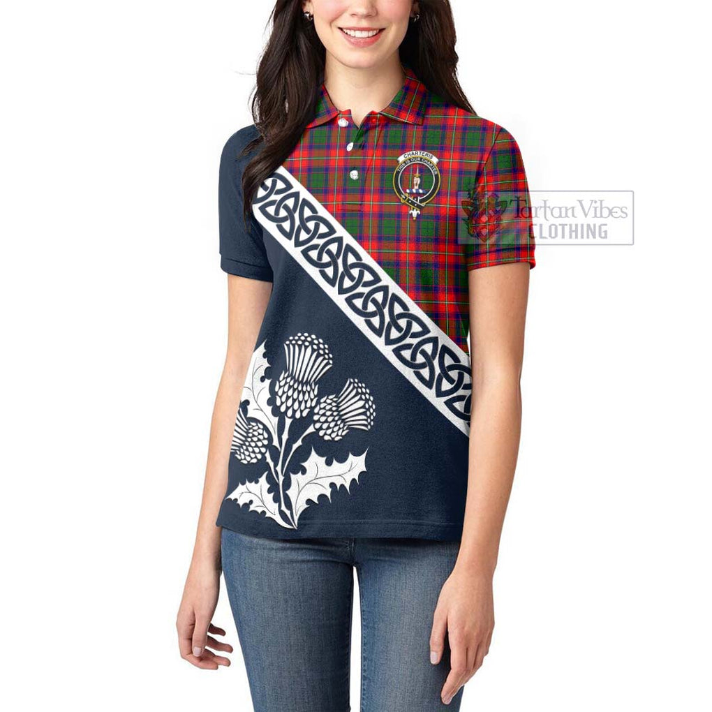 Charteris Tartan Women's Polo Shirt Featuring Thistle and Scotland Map - Tartanvibesclothing Store
