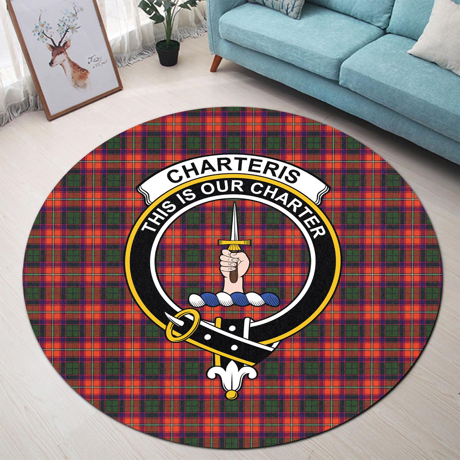 Charteris Tartan Round Rug with Family Crest - Tartanvibesclothing