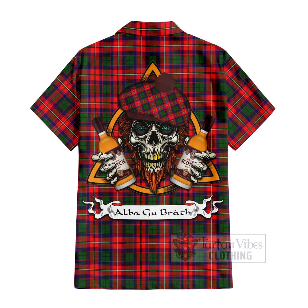 Tartan Vibes Clothing Charteris Tartan Short Sleeve Button Shirt with Family Crest and Bearded Skull Holding Bottles of Whiskey