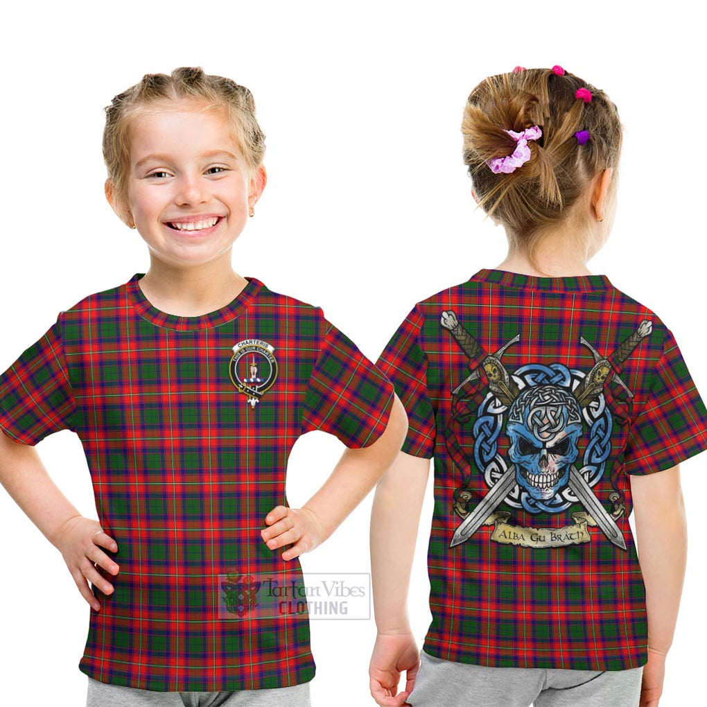 Tartan Vibes Clothing Charteris Tartan Kid T-Shirt with Family Crest Celtic Skull Style