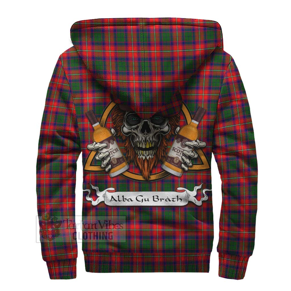 Tartan Vibes Clothing Charteris Tartan Sherpa Hoodie with Family Crest and Bearded Skull Holding Bottles of Whiskey