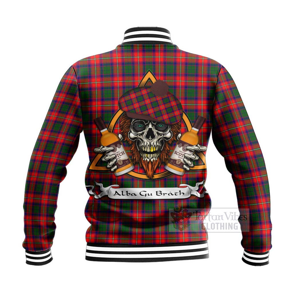 Tartan Vibes Clothing Charteris Tartan Baseball Jacket with Family Crest and Bearded Skull Holding Bottles of Whiskey