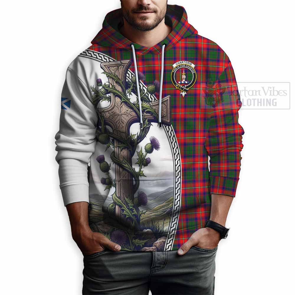 Tartan Vibes Clothing Charteris Tartan Hoodie with Family Crest and St. Andrew's Cross Accented by Thistle Vines