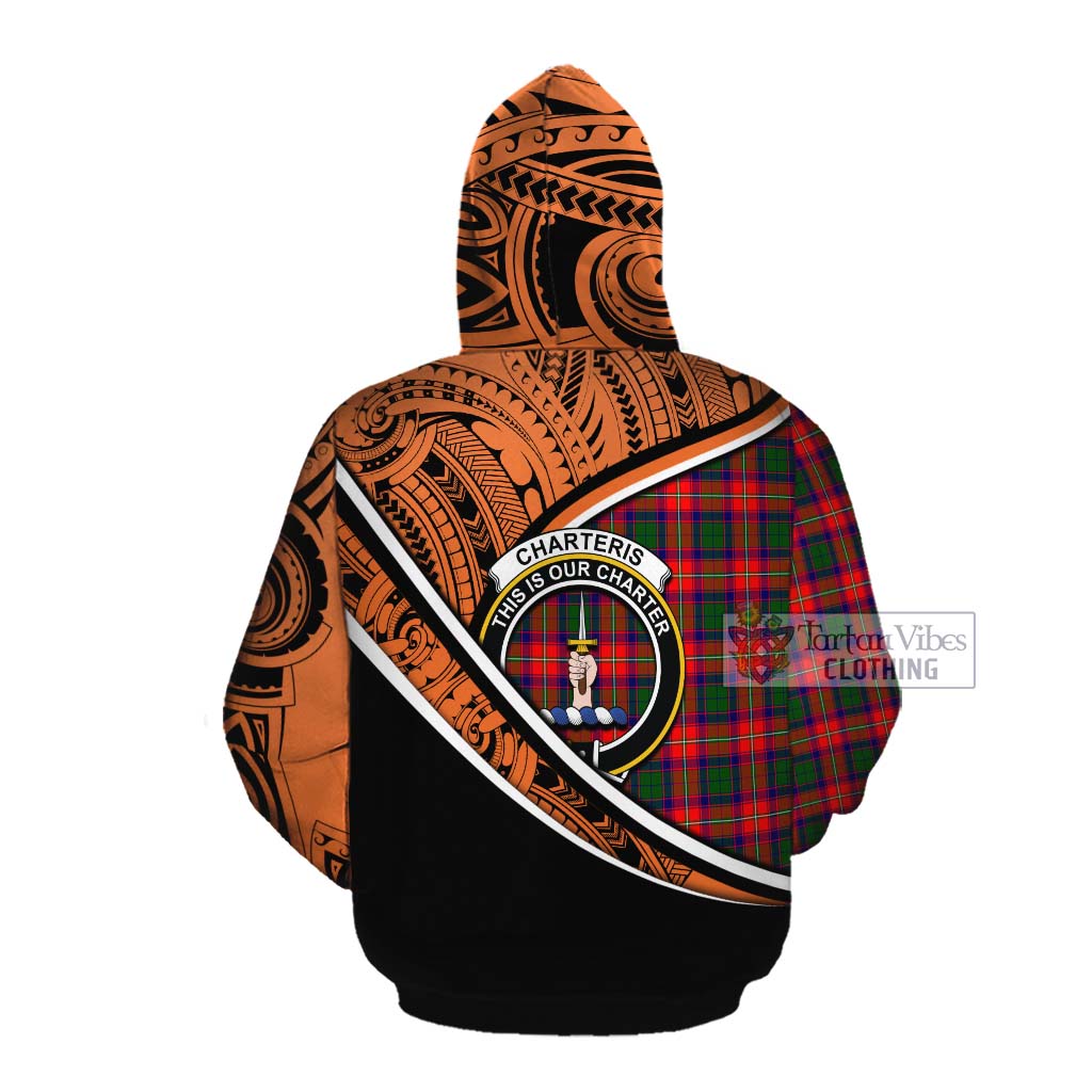 Tartan Vibes Clothing Charteris Crest Tartan Cotton Hoodie with Maori Tattoo Style - Orange Version