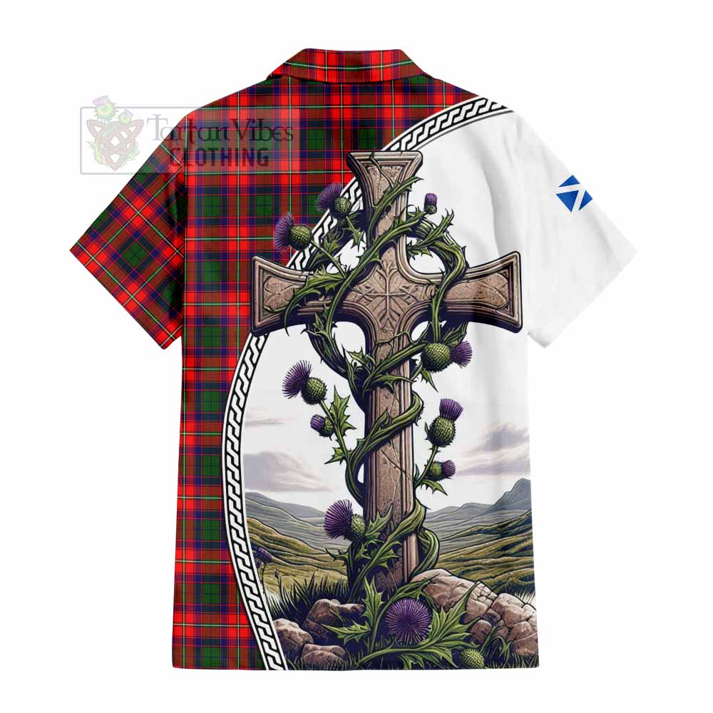 Tartan Vibes Clothing Charteris Tartan Short Sleeve Button Shirt with Family Crest and St. Andrew's Cross Accented by Thistle Vines