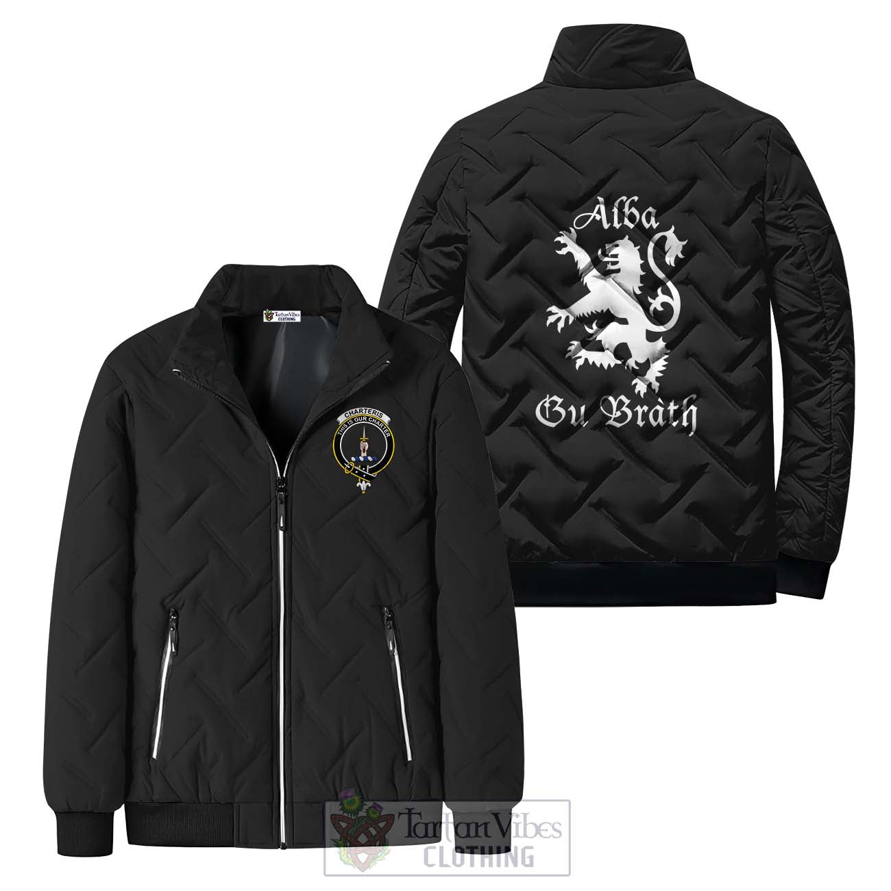 Tartan Vibes Clothing Charteris Family Crest Padded Cotton Jacket Lion Rampant Alba Gu Brath Style