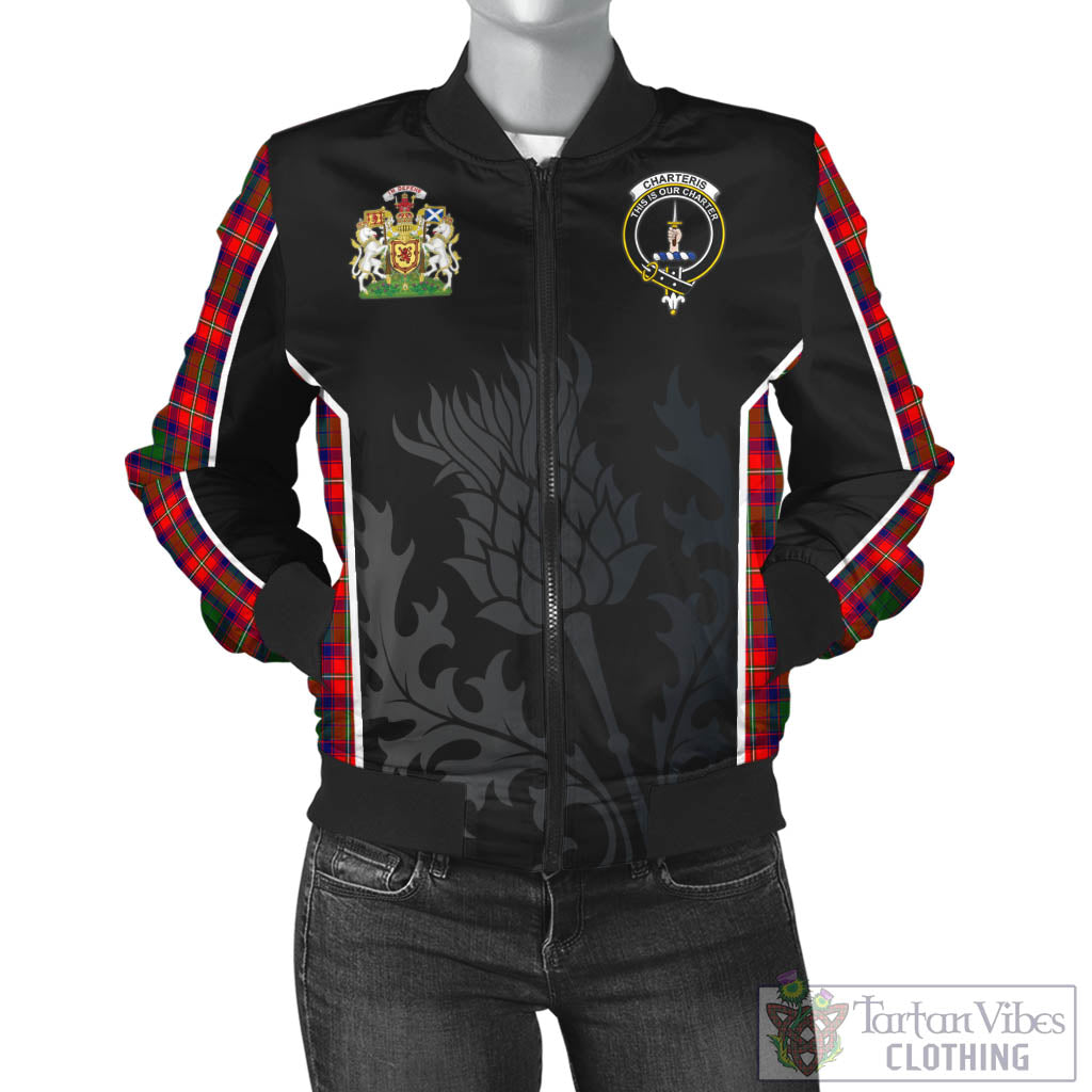 Tartan Vibes Clothing Charteris Tartan Bomber Jacket with Family Crest and Scottish Thistle Vibes Sport Style