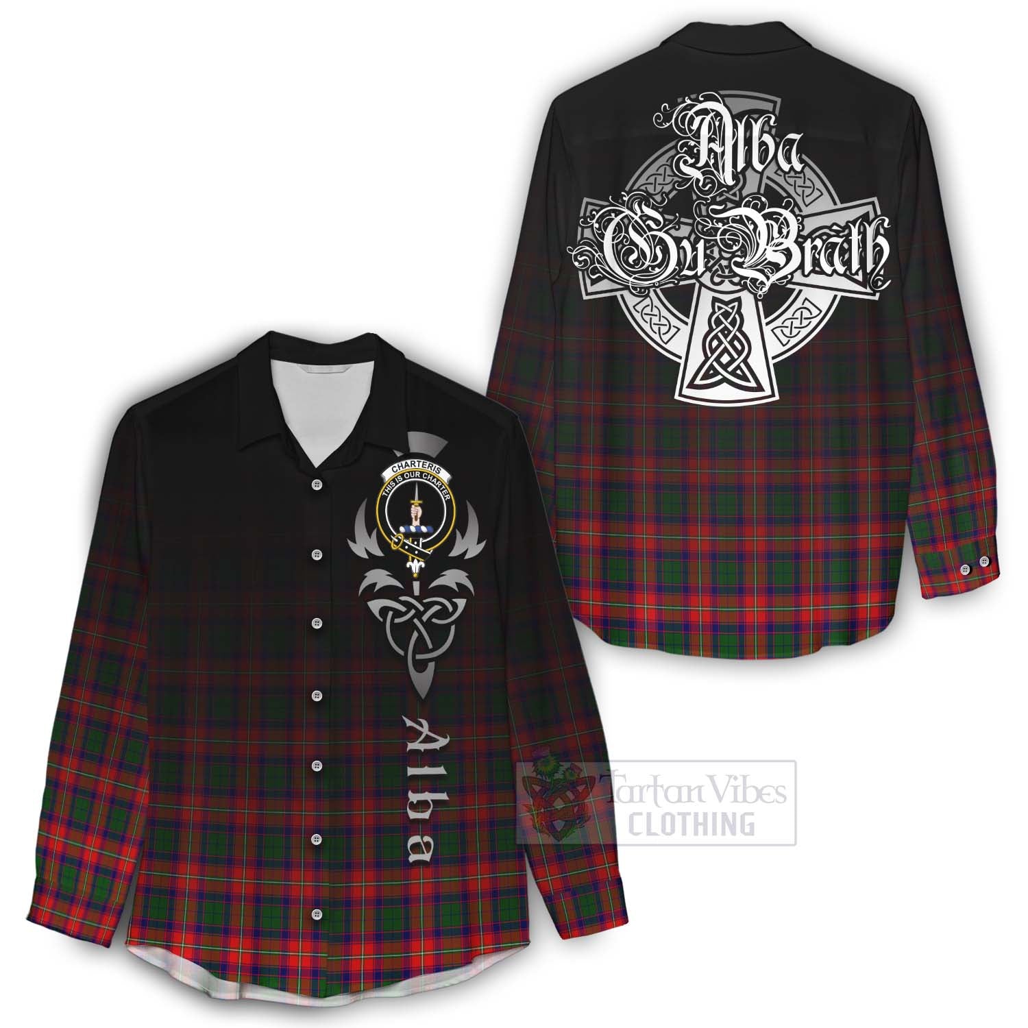 Tartan Vibes Clothing Charteris Tartan Women's Casual Shirt Featuring Alba Gu Brath Family Crest Celtic Inspired