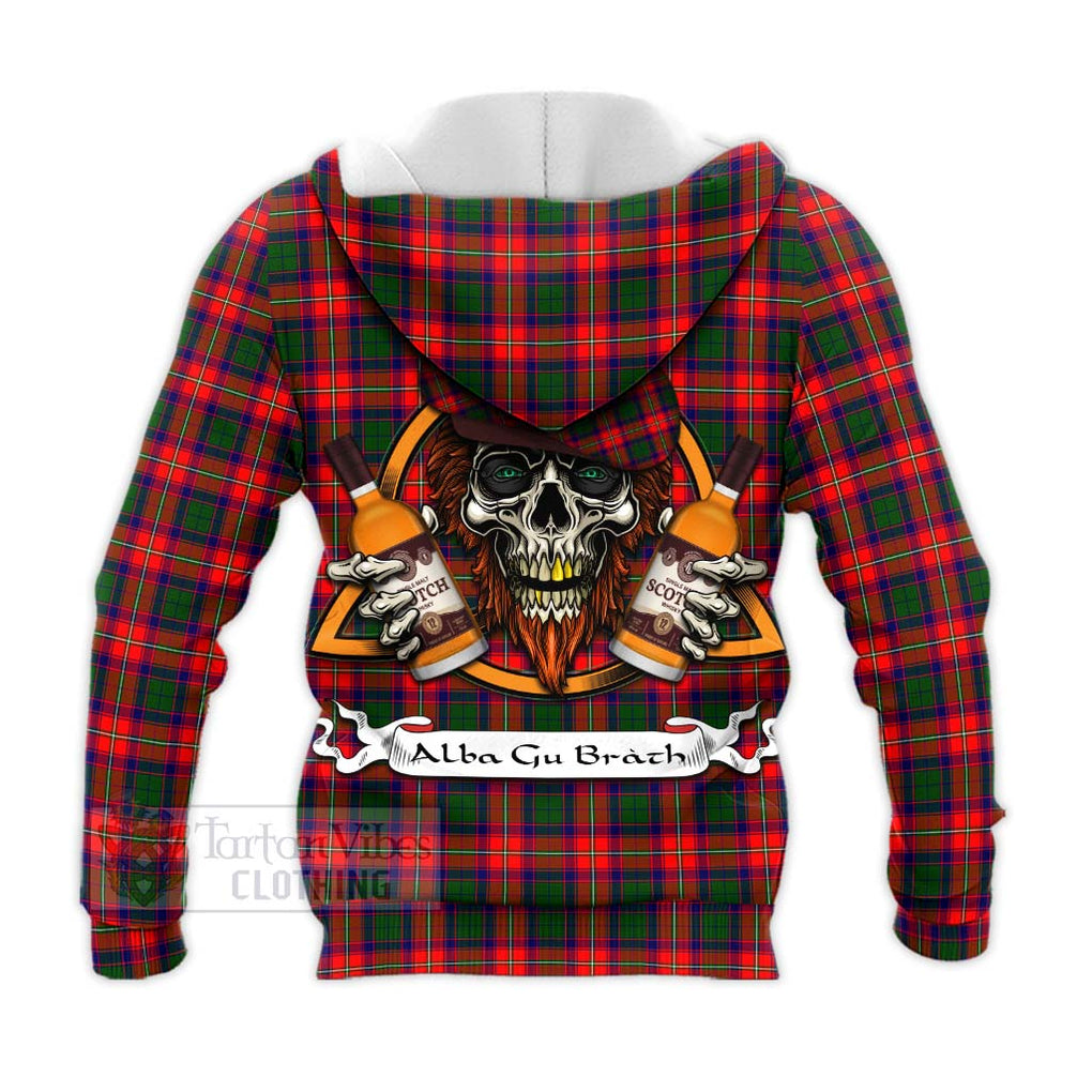 Tartan Vibes Clothing Charteris Tartan Knitted Hoodie with Family Crest and Bearded Skull Holding Bottles of Whiskey