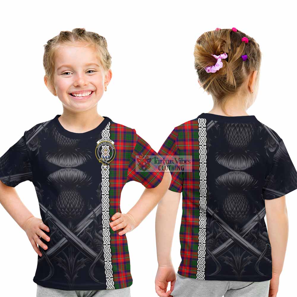 Tartan Vibes Clothing Charteris Tartan Kid T-Shirt with Family Crest Cross Sword Thistle Celtic Vibes