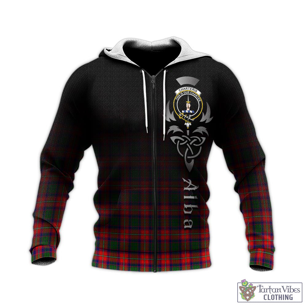 Tartan Vibes Clothing Charteris Tartan Knitted Hoodie Featuring Alba Gu Brath Family Crest Celtic Inspired