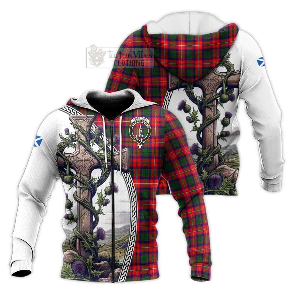 Tartan Vibes Clothing Charteris Tartan Knitted Hoodie with Family Crest and St. Andrew's Cross Accented by Thistle Vines