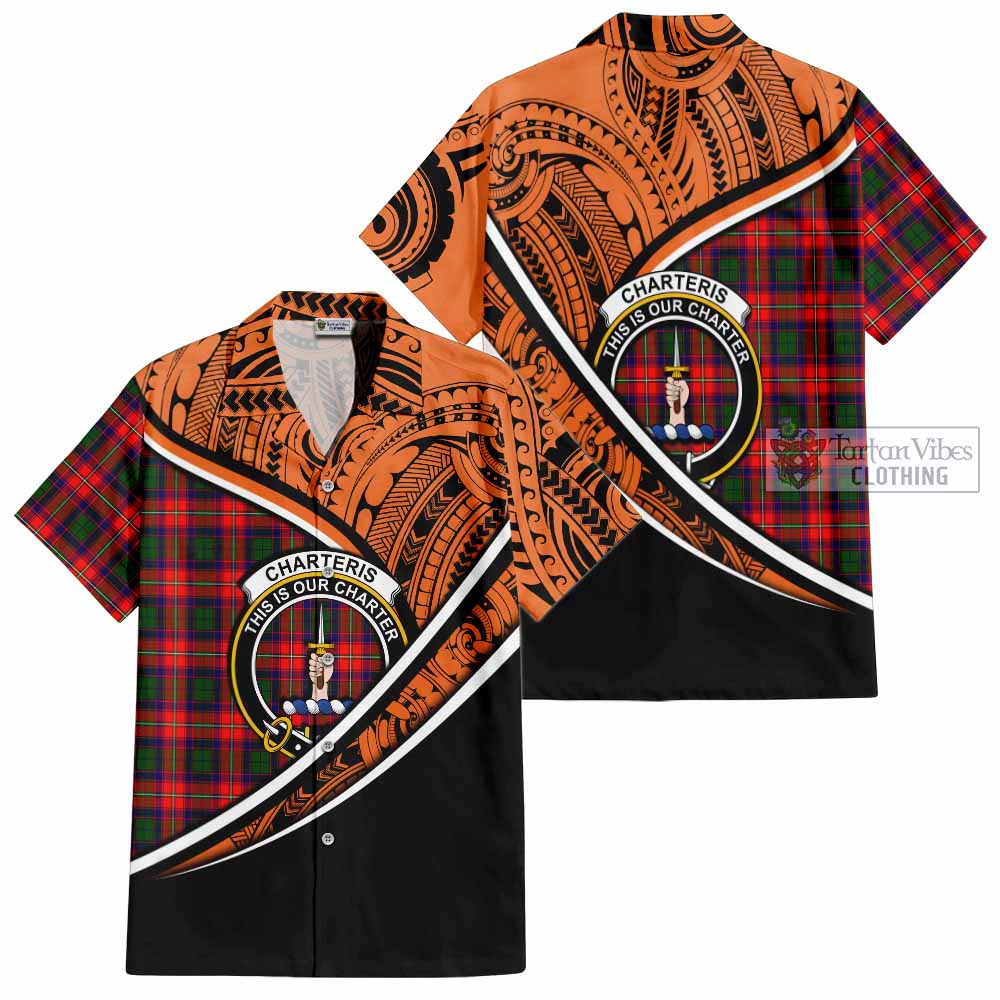 Tartan Vibes Clothing Charteris Crest Tartan Short Sleeve Button Shirt with Maori Tattoo Style - Orange Version