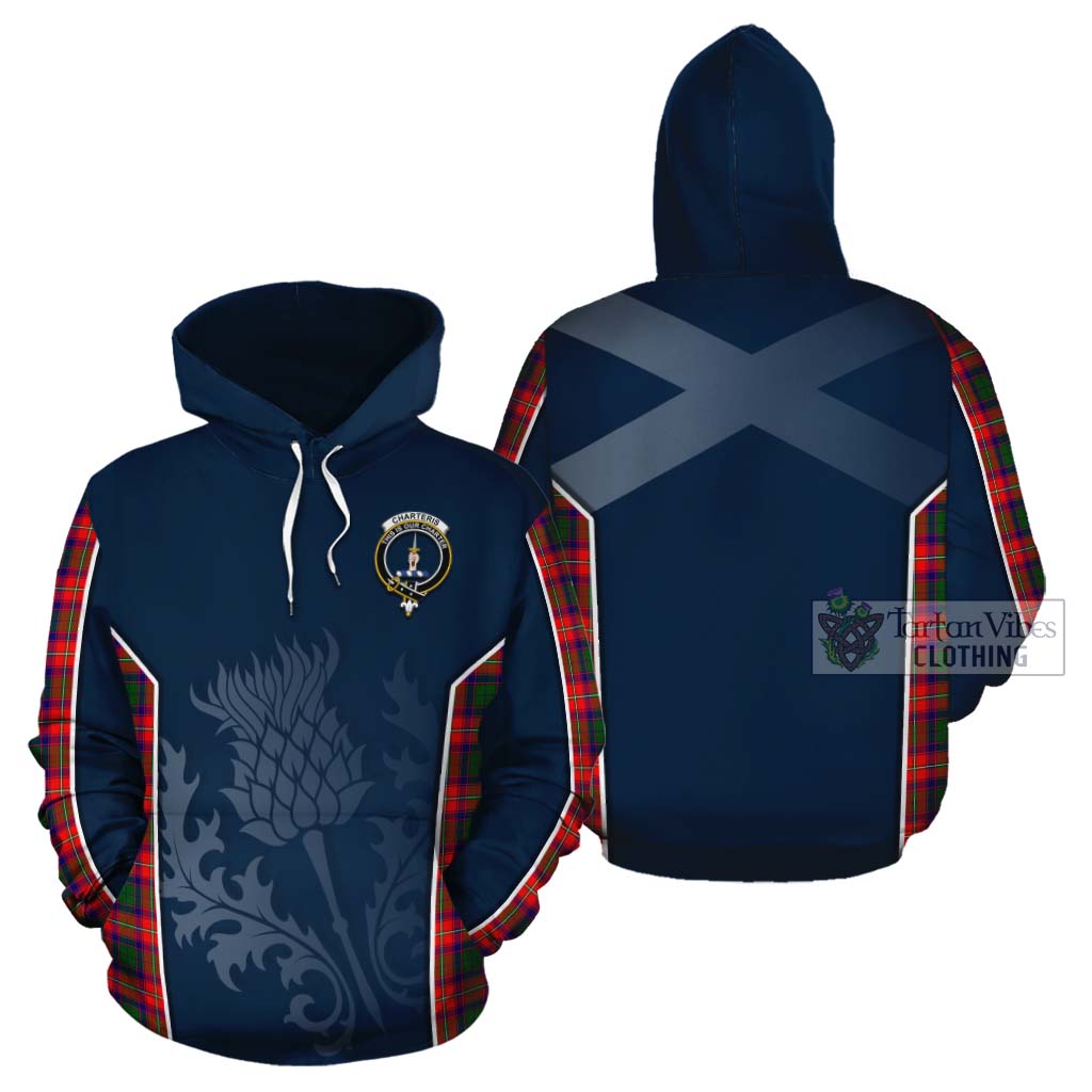 Tartan Vibes Clothing Charteris Tartan Cotton Hoodie with Family Crest and Scottish Thistle Vibes Sport Style