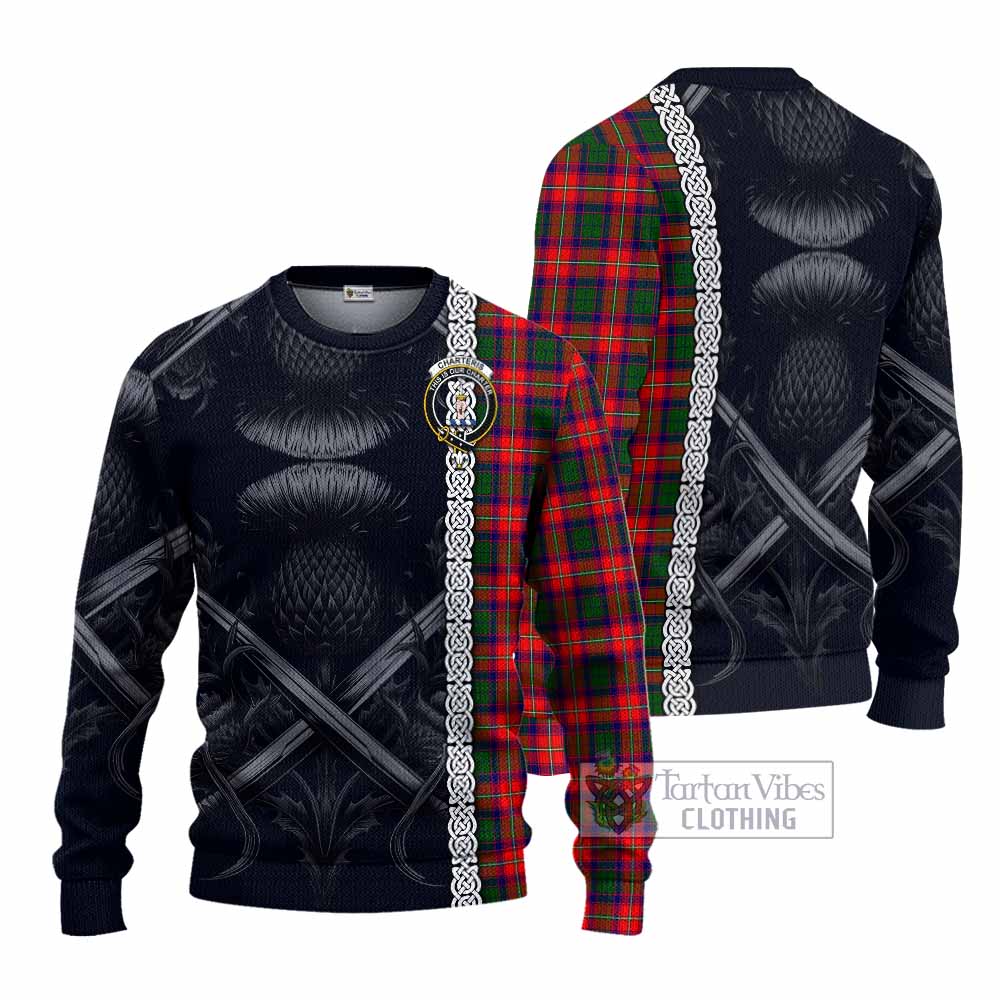 Tartan Vibes Clothing Charteris Tartan Knitted Sweater with Family Crest Cross Sword Thistle Celtic Vibes