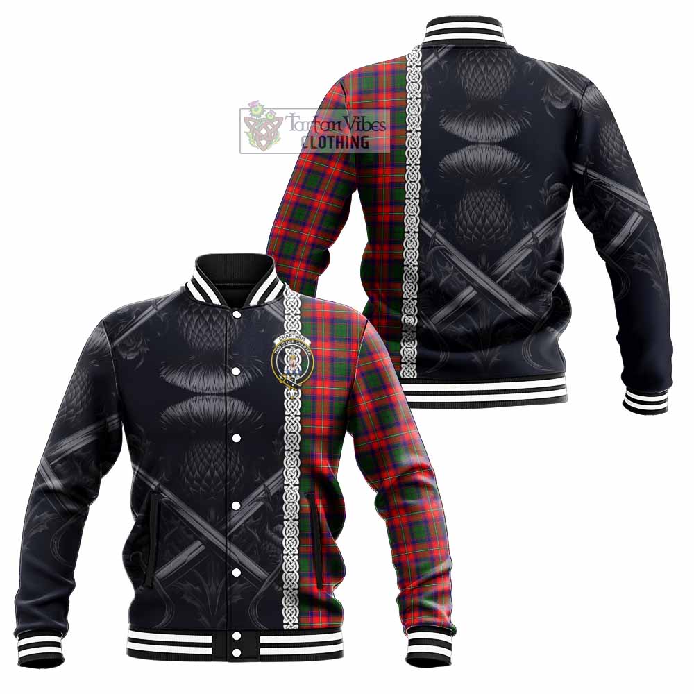 Tartan Vibes Clothing Charteris Tartan Baseball Jacket with Family Crest Cross Sword Thistle Celtic Vibes