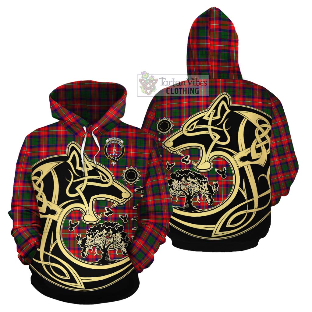 Tartan Vibes Clothing Charteris Tartan Cotton Hoodie with Family Crest Celtic Wolf Style