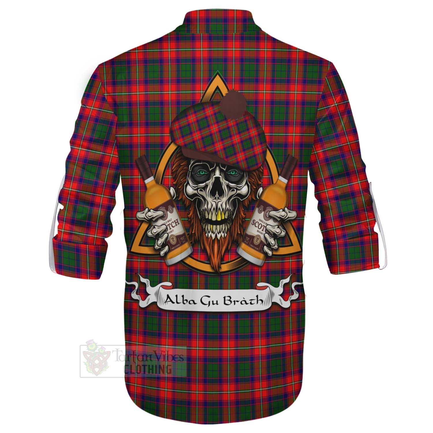 Tartan Vibes Clothing Charteris Tartan Ghillie Kilt Shirt with Family Crest and Bearded Skull Holding Bottles of Whiskey