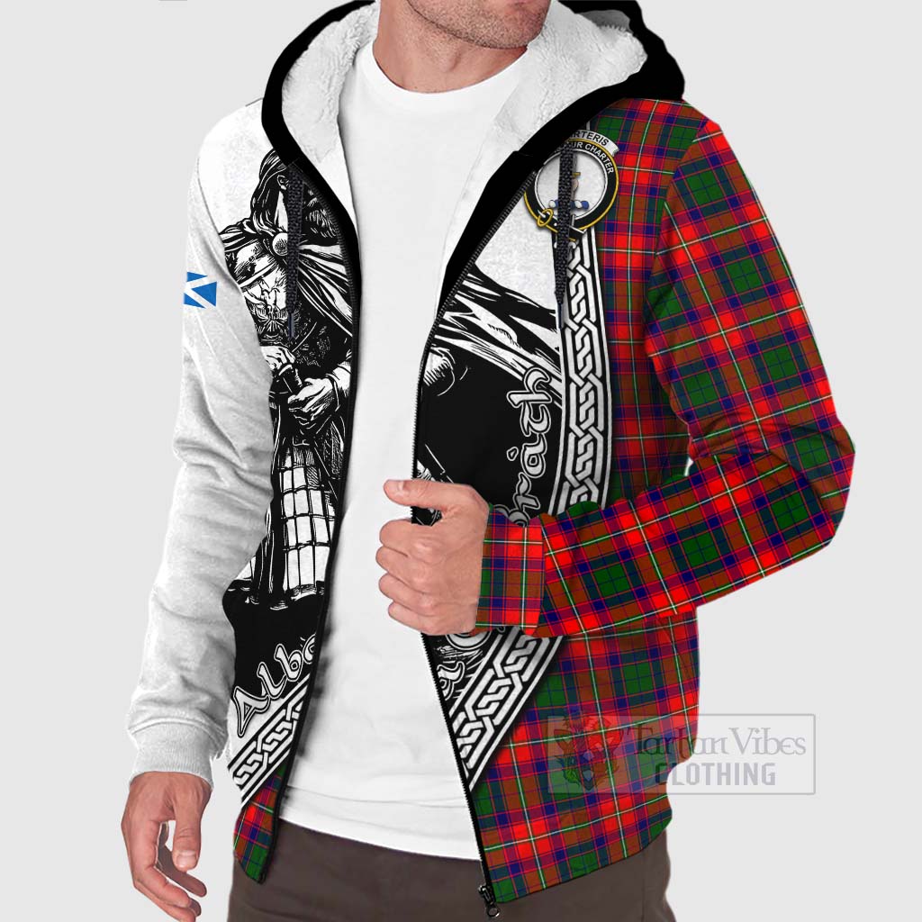 Tartan Vibes Clothing Charteris Tartan Clan Crest Sherpa Hoodie with Highlander Warrior Celtic Style