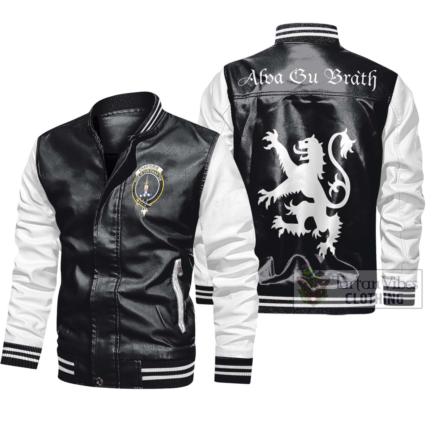 Tartan Vibes Clothing Charteris Family Crest Leather Bomber Jacket Lion Rampant Alba Gu Brath Style